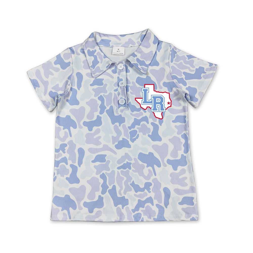 Preorder (moq 5)Baby Boys Light Blue Camo Lumberton Raiders Team Button Polo Shirt Top