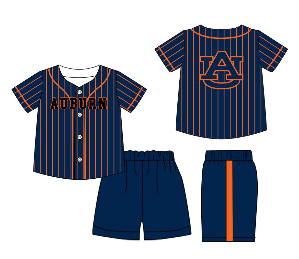 Preorder (moq 5)Baby Boys Orange Stripe Auburn Button Top Shorts Team Clothes Sets