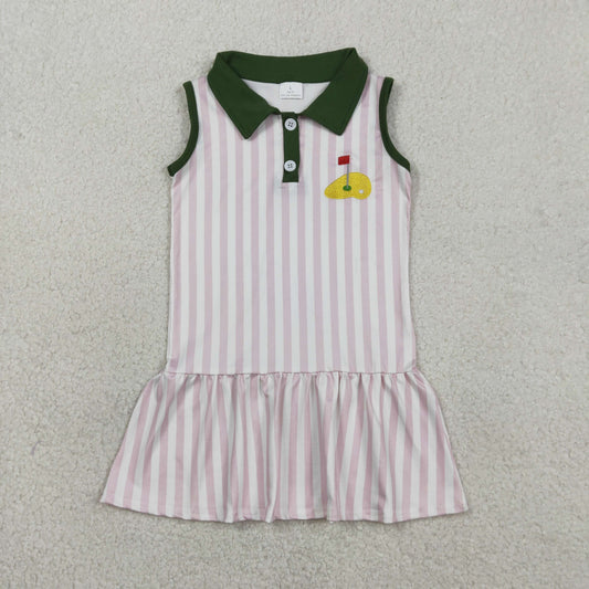 Embroidery Golf Flags Baby Girls Pink Stripe Button Knee Length Dresses