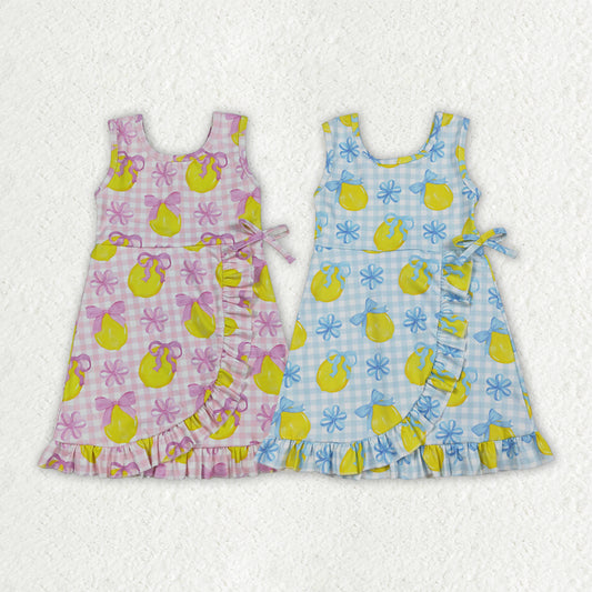 Sibling Baby Girls Pink Blue Checked Bows Lemons Yoga Active Shorts Knee Length Dress