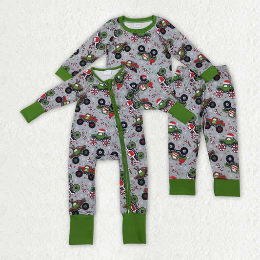 Sibling Baby Boys Trucks Candy Cane Christmas Pants Pajamas Sets Zipper Rompers