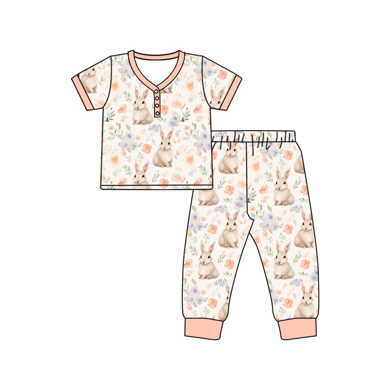 Preorder (moq 5)Baby Girls Easter Rabbits Flowers Shirt Top Pants Pajamas