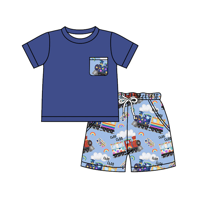 Baby Boys Summer Pocket Shirt Train Shorts Pajamas Clothes Sets preorder (moq 5)