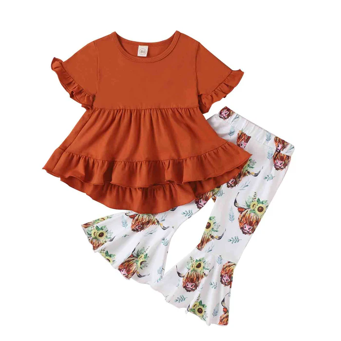 Baby Girls Brown Hi-low Tunic Top Cows Western Bell Pants Clothes Outfits Sets preorder(moq 5)