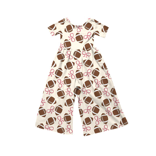 Preorder (moq 5)Baby Girls Short Sleeve Pink Bows Footballs Plaid Team Jumpsuits