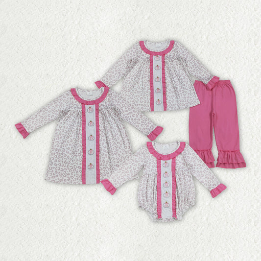 Sibling Embroidery Bows Pumpkins Baby Girls Leopard Fall Rompers Dresses Outfits