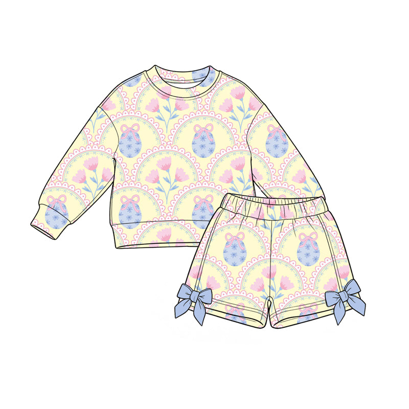 Preorder(moq5) Toddler Girls Easter Casual 2-Piece Outfit Bunny Egg Print Long-Sleeve Sweatshirt Bow Short Kids Clothing Set