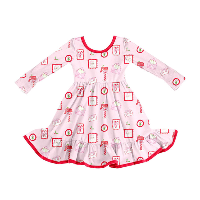 Preorder (moq 5)Baby Girls Santa Letters Christmas Ruffle Knee Length Dresses