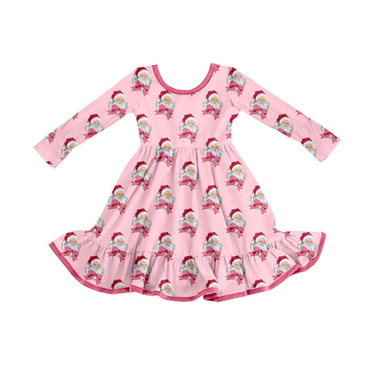 Preorder (moq 5)Baby Girls Pink Bows Santa Plaid Christmas Ruffle Knee Length Dresses