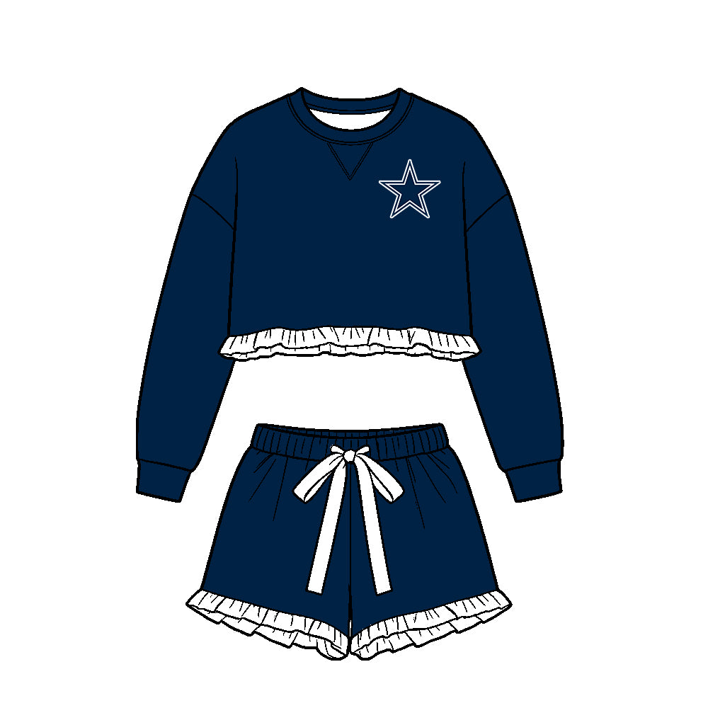 Preorder (moq 5)Baby Girls Navy Long Sleeve Cowboys Top Ruffle Short Team Clothes Set