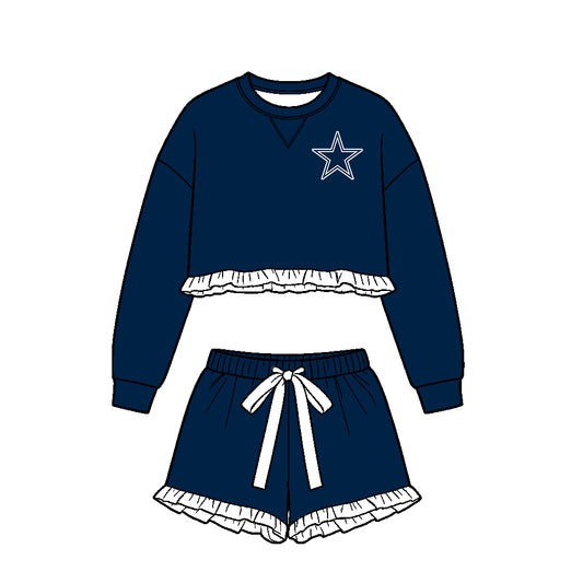 Preorder (moq 5)Baby Girls Navy Long Sleeve Cowboys Top Ruffle Short Team Clothes Set