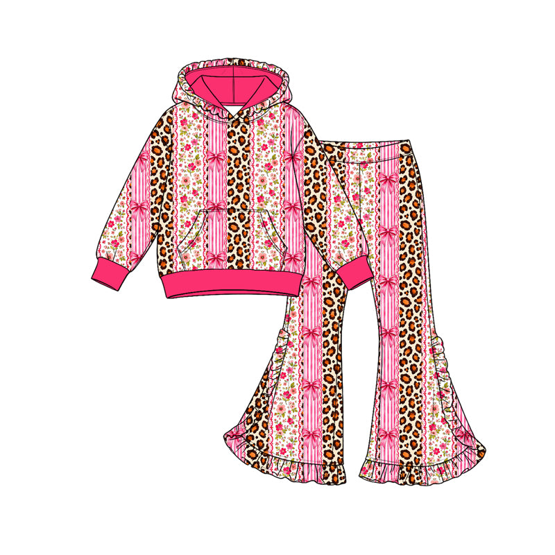 Preorder (moq 5) Girls’ Fall Pink Hooded Long-Sleeve Plaid & Leopard Bow Ruffle Flare Pants Print Set | Matching Sister & Family Outfits