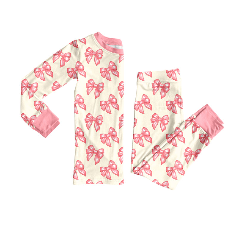 Preorder(moq 5) Baby Girls Pink Bows Top Pants Lounge Wear Pajamas Sets