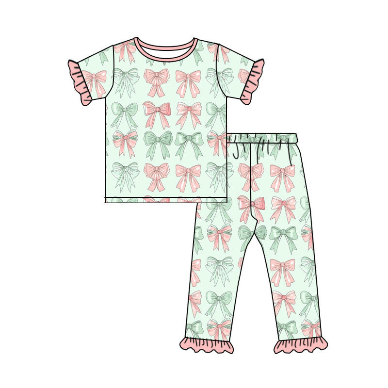 Preorder(moq 8)Baby Girls Pink Green Bows Stripe Top Ruffle Pants Pajamas Sets