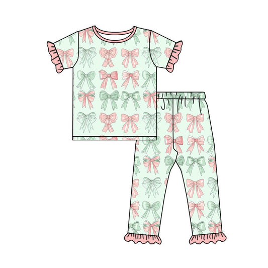 Preorder(moq 8)Baby Girls Pink Green Bows Stripe Top Ruffle Pants Pajamas Sets