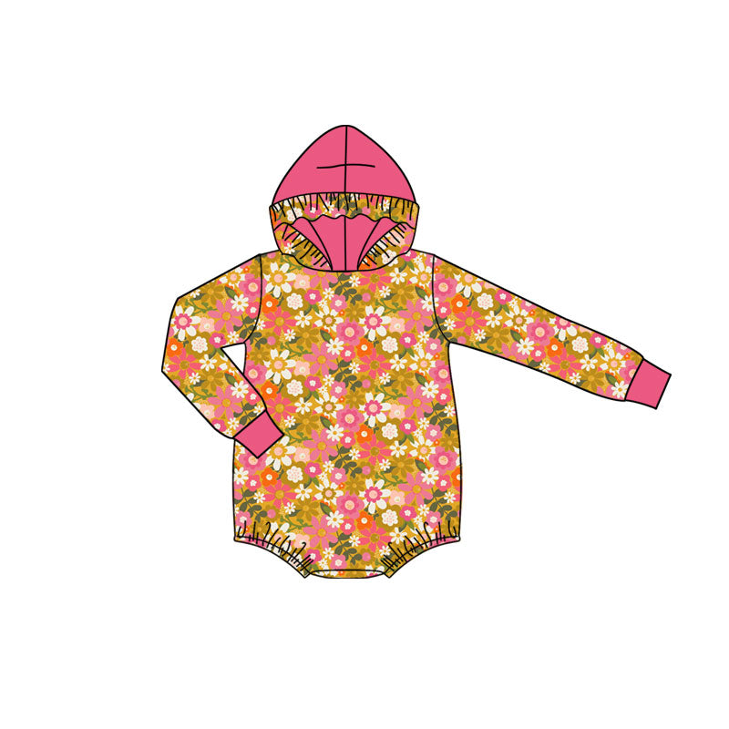Preorder (moq 5)Baby Girls Long Sleeve Colorful Flowers Ruffle Hoodie Rompers