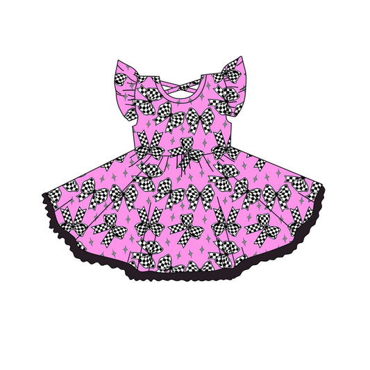 Preorder (moq 5)Baby Girls Pink Flutter Sleeves Plaid Bows Stars Knee Length Dress