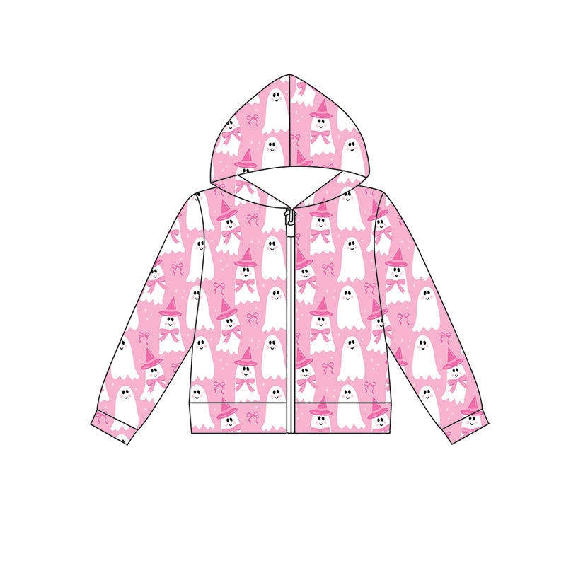 Preorder (moq 5)Baby Girls Pink Long Sleeve Bows Ghost Halloween Zip Hoodie Jackets