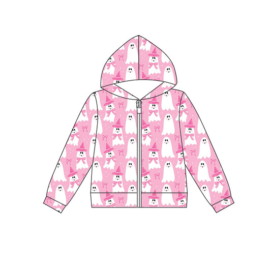 Preorder (moq 5)Baby Girls Pink Long Sleeve Bows Ghost Halloween Zip Hoodie Jackets