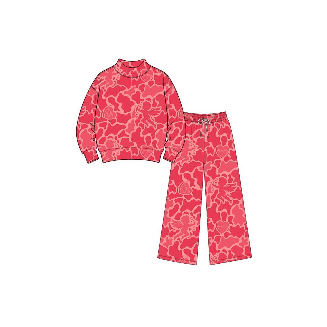Pre-order(moq5) Girls’ Valentine’s Day Red Cupid & Heart Print Round-Neck Long-Sleeve Top & Matching Wide-Leg Pants Set