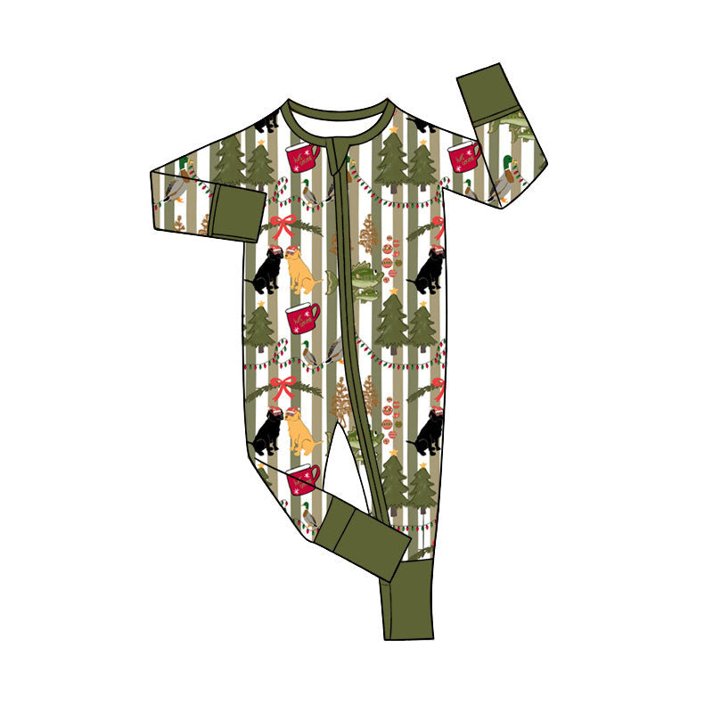 Preorder (moq 5)Baby Boys Green Stripe Gifts Trees Christmas Two Way Zip Convertible Rompers