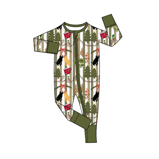 Preorder (moq 5)Baby Boys Green Stripe Gifts Trees Christmas Two Way Zip Convertible Rompers