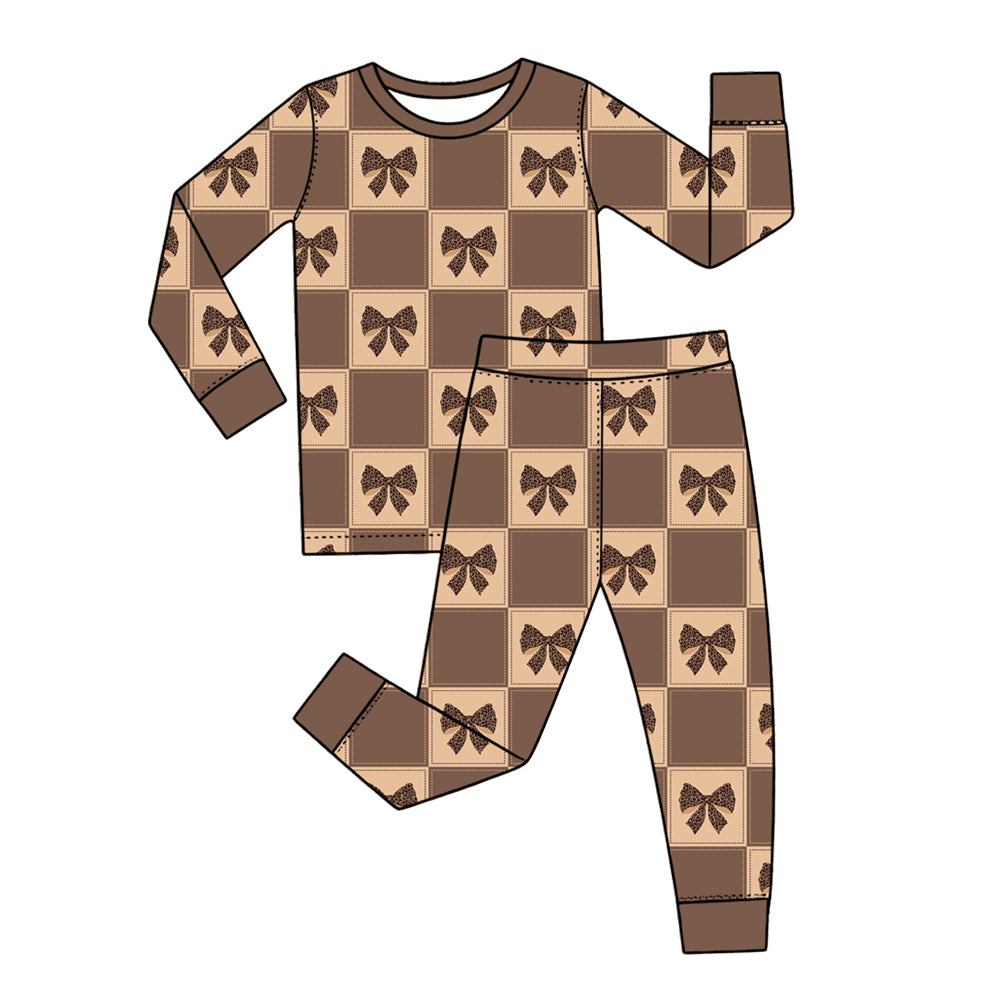 Preorder (moq 5) Baby Girl Clothes Brown Checkered Leopard Bow Print Long Sleeve Top Pants Pajama Set