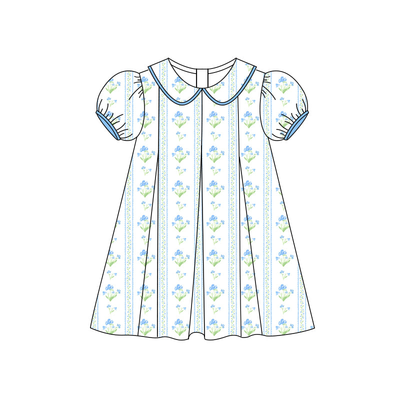 Preorder (moq 5)Baby Girls Short Ruffle Sleeves Blue Flowers Stripe Knee Length Dress