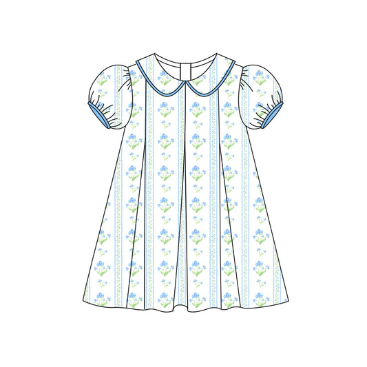 Preorder (moq 5)Baby Girls Short Ruffle Sleeves Blue Flowers Stripe Knee Length Dress