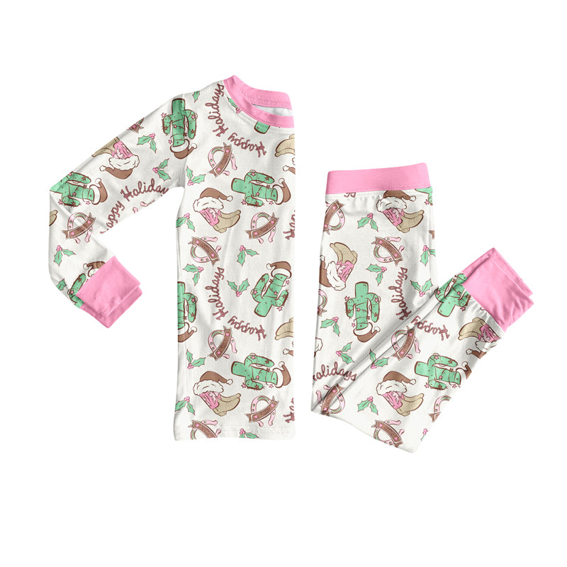 Preorder (moq 5)Baby Girls Long Sleeves Christmas Cactus Boots Top Pant Pajamas Set
