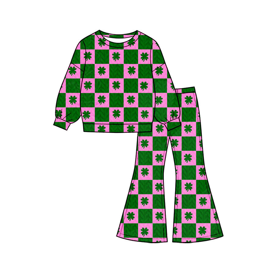 Preorder (moq 5) Baby Girl Clothes Pink Green Clover Checker Mixed Print Long Sleeve Flare Pant Set