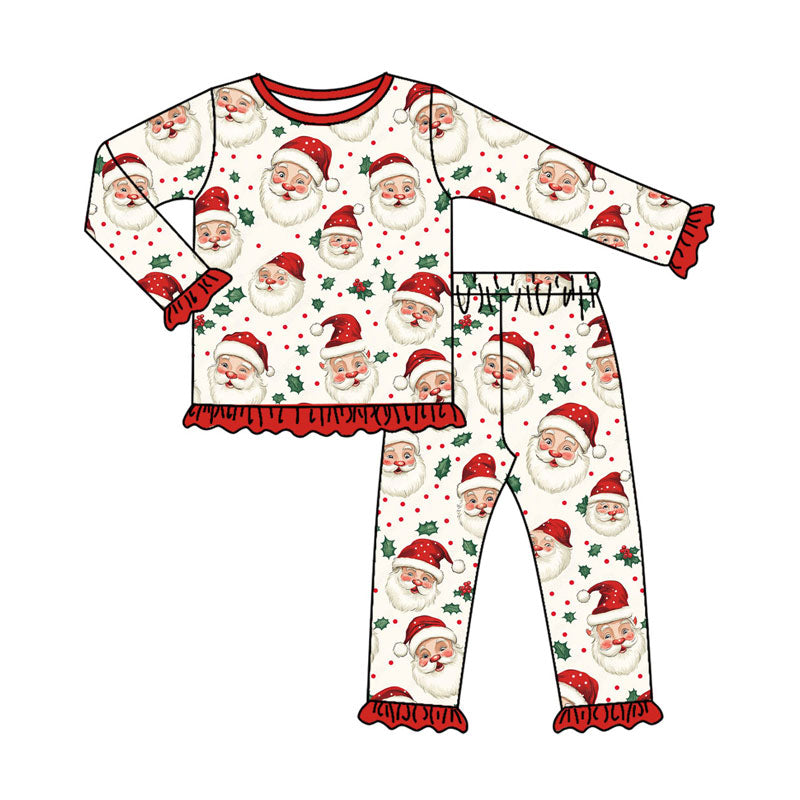 Preorder (moq 5)Baby Girls Santa Holly Top Ruffle Pants Christmas Pajamas Sets