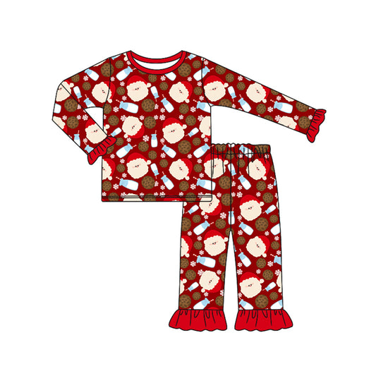 Preorder (moq 5)Baby Girls Long Ruffle Sleeves Red Santa Milk Plaid Top Pants Pajamas Set