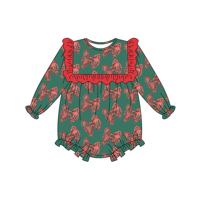 Preorder (moq 5)Baby Girls Long Sleeves Green Red Plaid Bows Plaid Ruffle Romper
