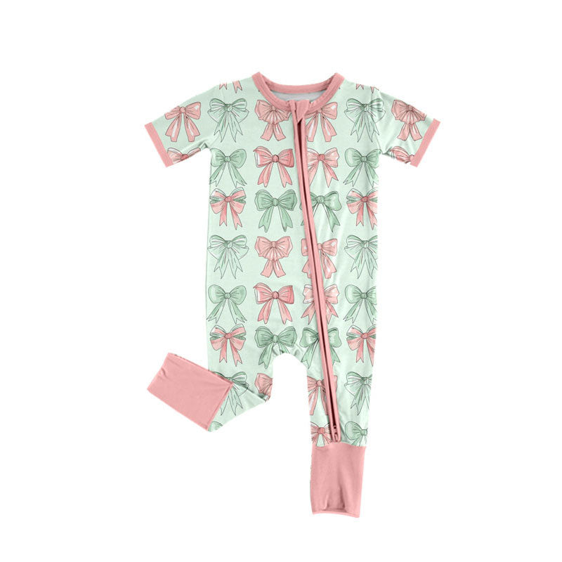 Preorder (moq 8)Baby Girls Pink Green Bows Stripe Zipper Footie Rompers