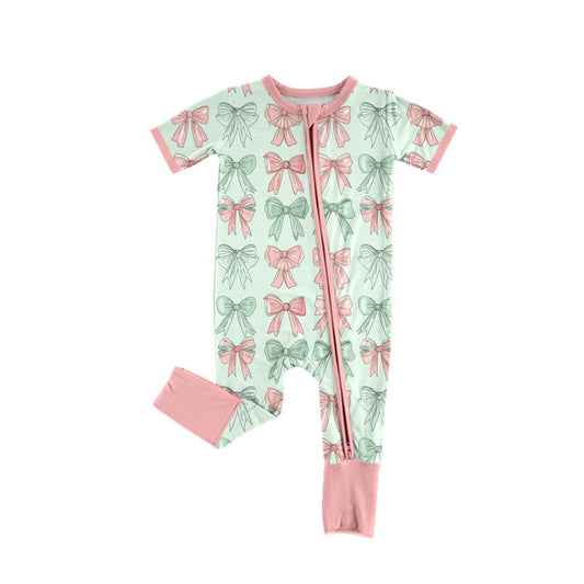 Preorder (moq 8)Baby Girls Pink Green Bows Stripe Zipper Footie Rompers