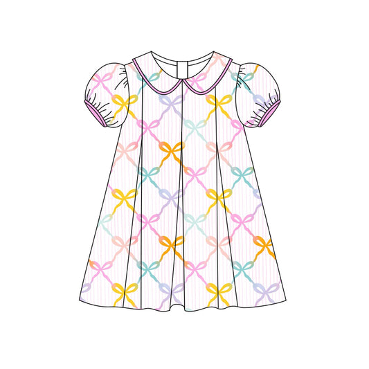 Preorder (moq 5)Baby Girls Short Ruffle Sleeves Colorful Bows Knee Length Dress