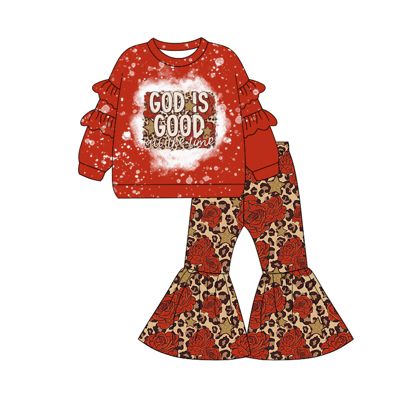 Preorder (moq 5)Baby Girls Red Long Sleeves God Is Good Top Leopard Bell Bottom Pants Set