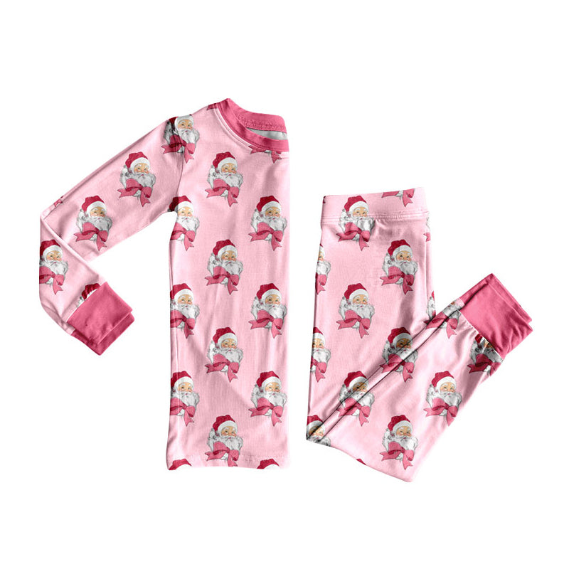Preorder (moq 5)Baby Girls Pink Bows Santa Plaid Top Pants Christmas Pajamas Clothes Set