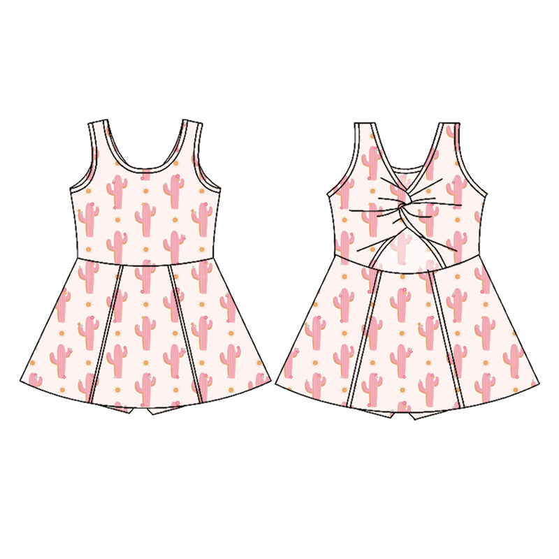 Preorder (moq 5)Baby Girls Pink Sleeveless Pink Cactus Polka Dots Shorts Knee Length Dresses