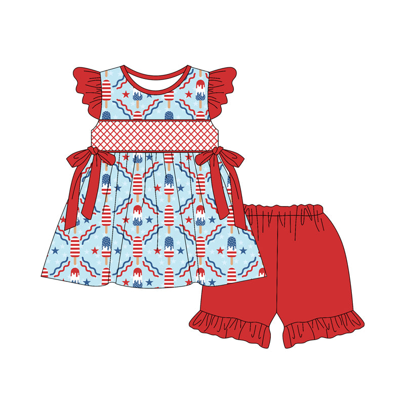 Preorder (moq 5)Baby Girls Red Flutter Sleeves Stars Popsicle Bows Tunic Ruffle Short 4th Of July Sets