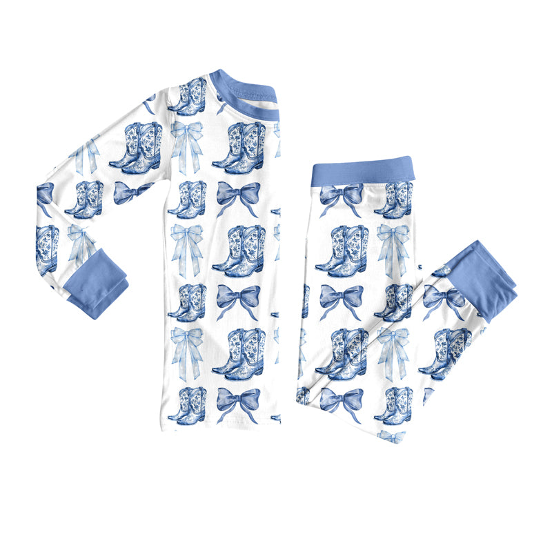 Preorder (moq 5)Baby Girls Long Sleeves Blue Bows Boots Plaid Top Pant Pajamas Set