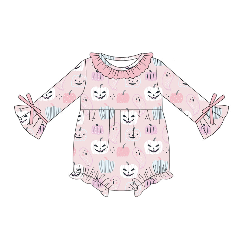 Preorder (moq 5)Baby Girls Pink Long Sleeves Ghosts Pumpkins Ruffle Rompers