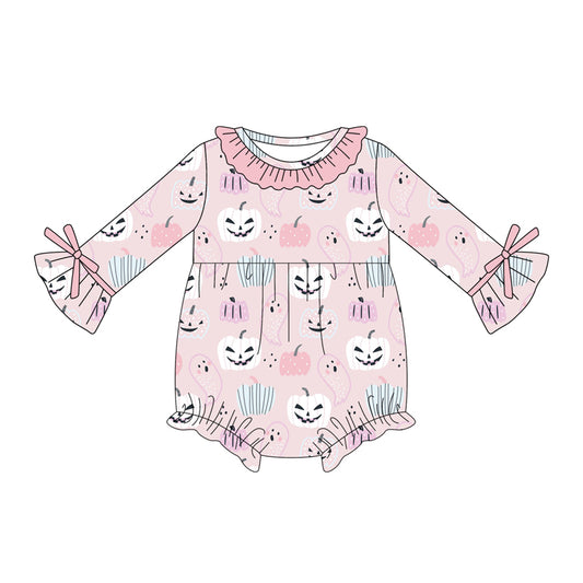 Preorder (moq 5)Baby Girls Pink Long Sleeves Ghosts Pumpkins Ruffle Rompers