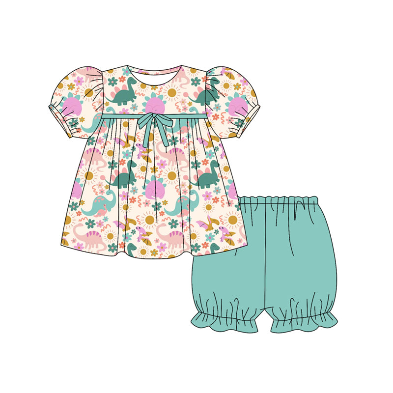 Preorder (moq 5)Baby Girls Short Ruffle Sleeves Pink Flowers Dinosaurs Tunic Aqua Shorts Set