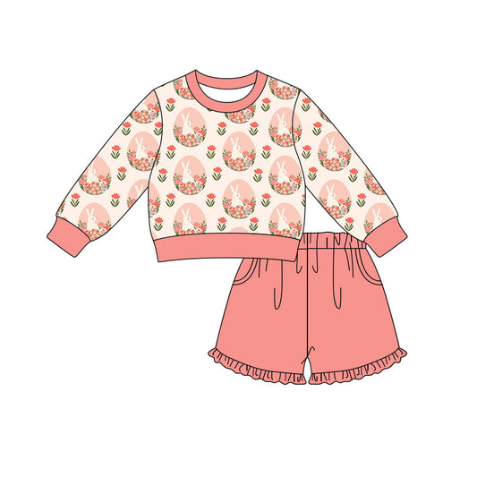 Preorder (moq 5) Baby Girl Clothes Floral Easter Bunny Allover Print Long Sleeve Top Ruffle Shorts Set