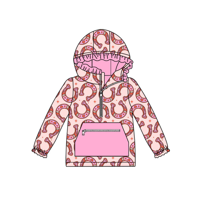 Preorder (moq 5)Baby Girls Pink Horse Shoes Hearts Pocket Zipper Ruffle Hoodies Top