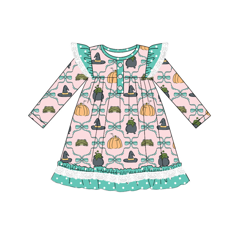 Preorder (moq 5)Baby Girls Long Sleeves Bows Pumpkins Plaid Ruffle Button Knee Length Dresses