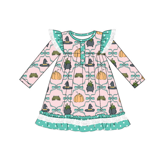 Preorder (moq 5)Baby Girls Long Sleeves Bows Pumpkins Plaid Ruffle Button Knee Length Dresses