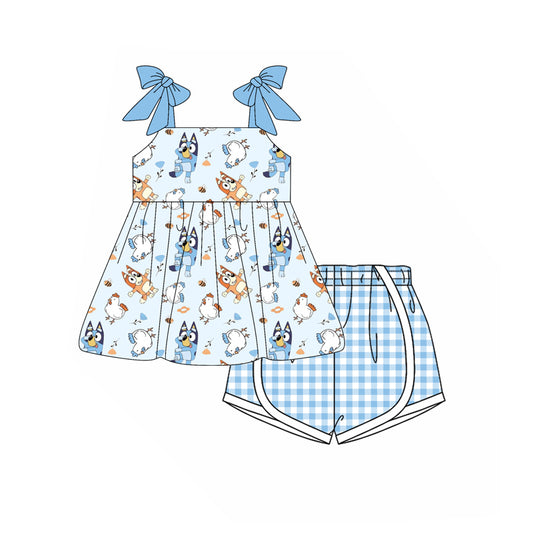 Preorder moq 5 Baby Girls Blue Strap Cartoon Dogs Tunic Plaid Short Set